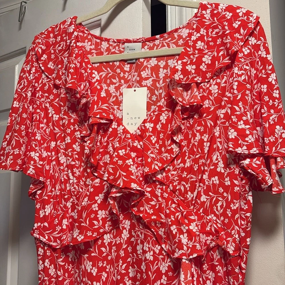 NWT Target A New Day Red Floral Ruffle Maxi Dress with Flutter Sleeves XL - Picture 2 of 8